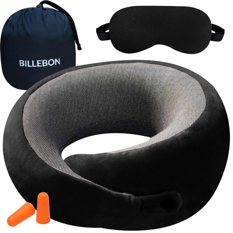 Billebon Ultrasoft Memory Foam Neck Pillow for Travel Lightweight Comfortable Breathable Cover Airplane Travel Pillow Combo with Premium Eye Mask and Carry Bag Black - Image 1