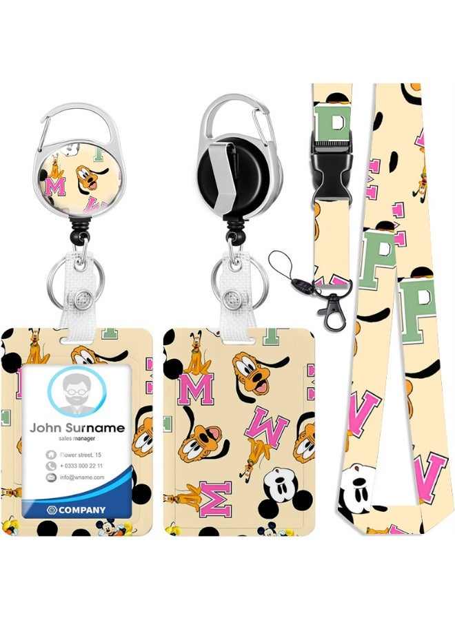 ديزني حامل بطاقة هوية بلاستيكي 3 في 1 بتصميم ديزني ميكي وبلوتو على خلفية صفراء، مع حبل تعليق وبكرة قابلة للسحب وسلسلة مفاتيح وموسع - مناسب للعمل والطلاب والحافلات والأطباء والممرضين - Image 1