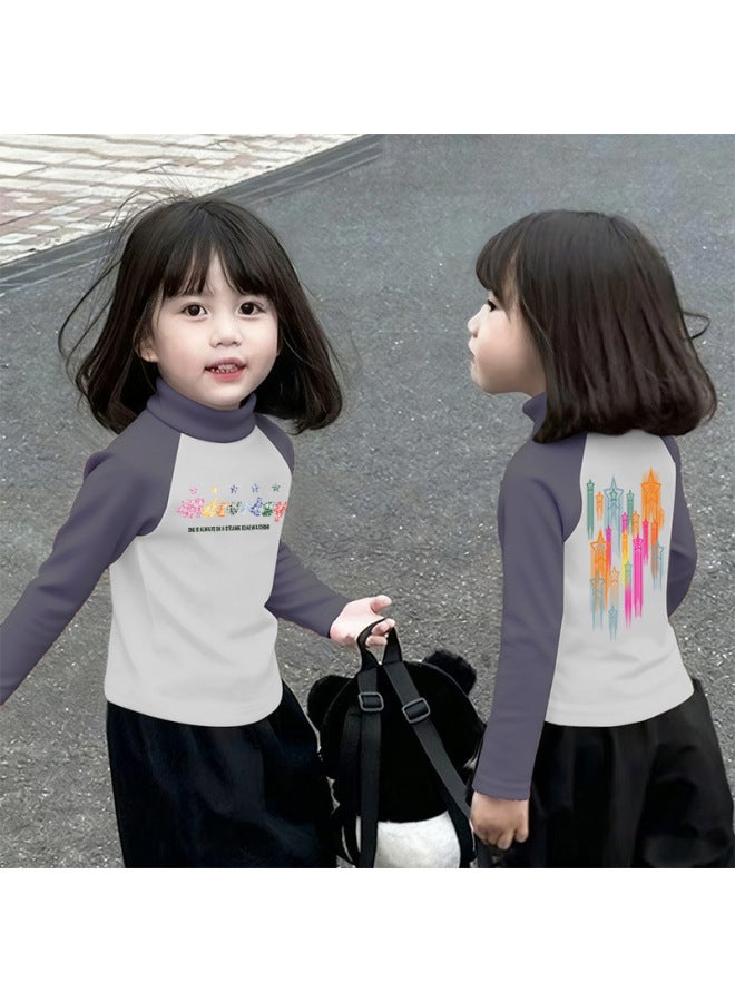 Girls' Thermal Base Layer Top Autumn And Winternew Style For Older Children, Half Turtleneck, Warm Inner Layer, Color-blocking Long Sleeves