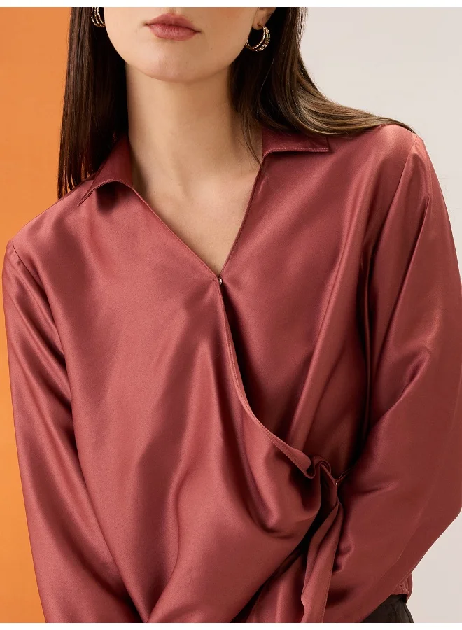globus Women Pink Solid Shirt Collar Cuffed Sleeves Twisted Buckle Detail Shirt Style Party Top