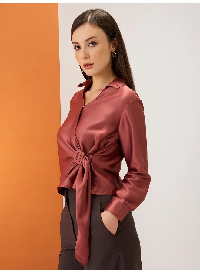globus Women Pink Solid Shirt Collar Cuffed Sleeves Twisted Buckle Detail Shirt Style Party Top