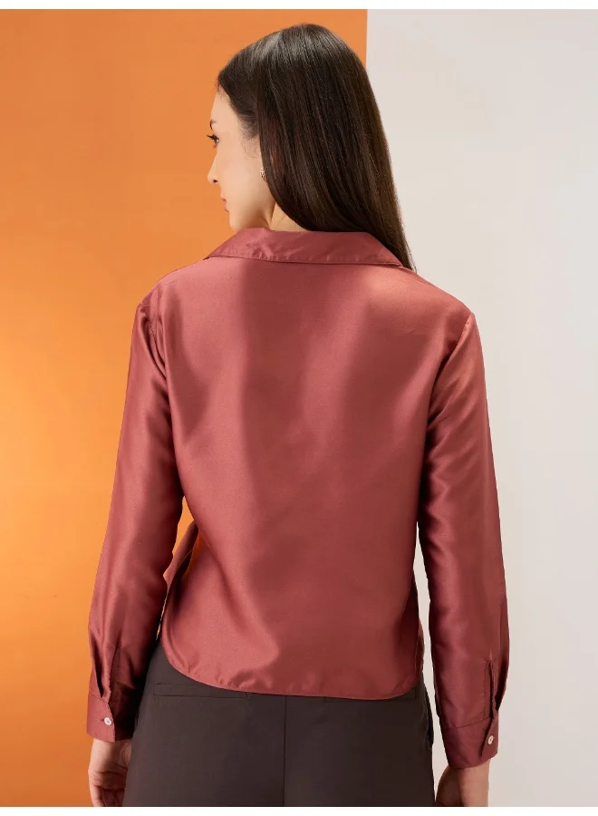globus Women Pink Solid Shirt Collar Cuffed Sleeves Twisted Buckle Detail Shirt Style Party Top