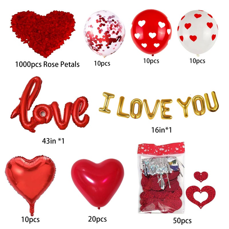 DECGOL 1060PCS Valentine's Day Balloons Kit with 1000 Pcs Silk Rose Petals I Love You Balloons 50Pcs Heart Hanging and Heart Print Balloon Set for Valentine's Day, Wedding Party Decorations Supplies - Image 3