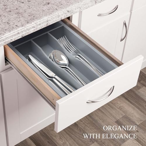 BEKVEM Silverware Organizer, Bamboo Kitchen Drawer Organizer, Utensil Holder, Cutlery Tray & Spoon Flatware Storage with Grooved Drawer Dividers (Grey, 6.7''W x 12''D) - Image 5