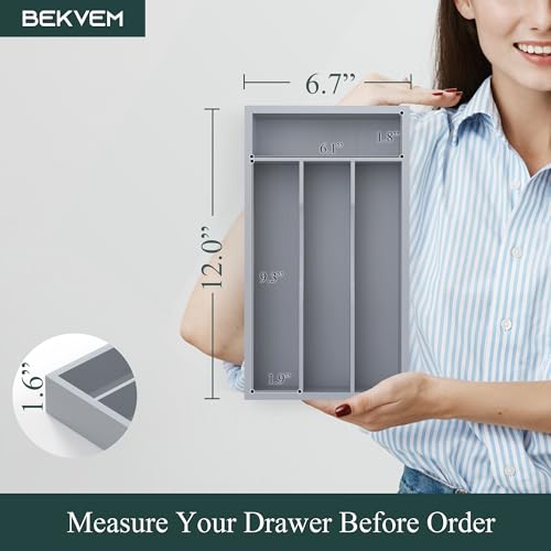 BEKVEM Silverware Organizer, Bamboo Kitchen Drawer Organizer, Utensil Holder, Cutlery Tray & Spoon Flatware Storage with Grooved Drawer Dividers (Grey, 6.7''W x 12''D) - Image 2