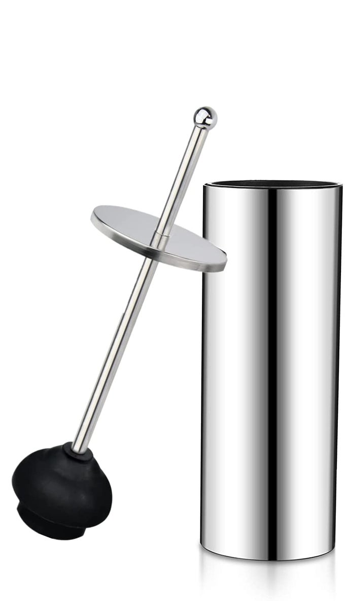 CHROME TOILET PLUNGER WITH HOLDER BATHROOM METAL CANISTER HOLDER DRIP CUP HEAVY DUTY DEEP CLEANING SILVER