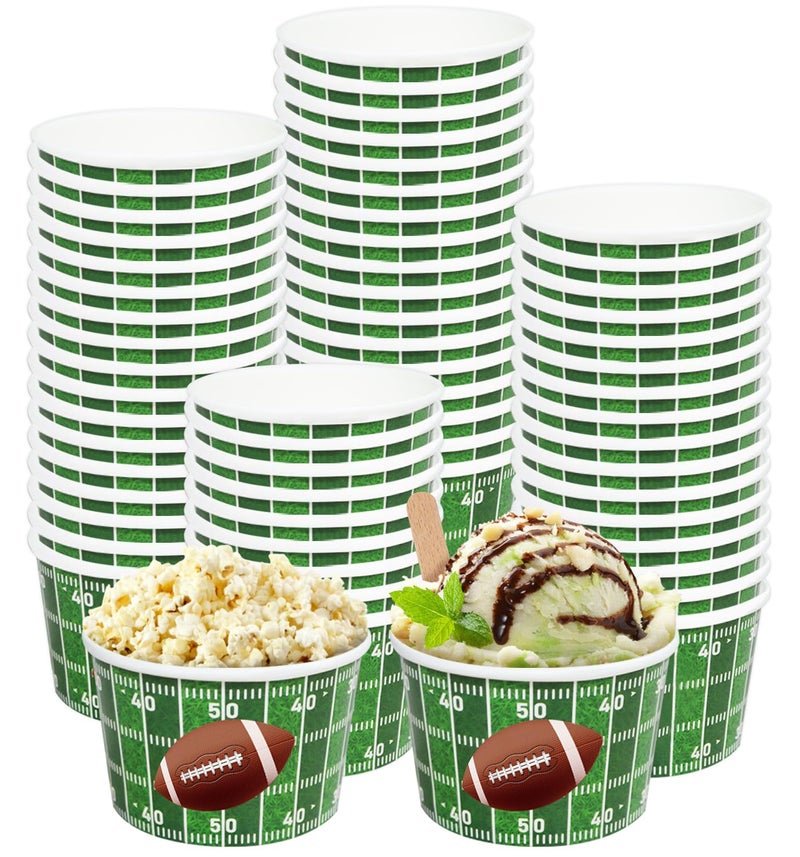 INSPIREYEE 100 PCS Football Party Snack Bowls 9 oz Green Football Party Decoration Snack Bowls Disposable Paper Ice Cream Cups Serving Paper Bucket for Sports Event Family Dinners & Birthday Party - Image 1