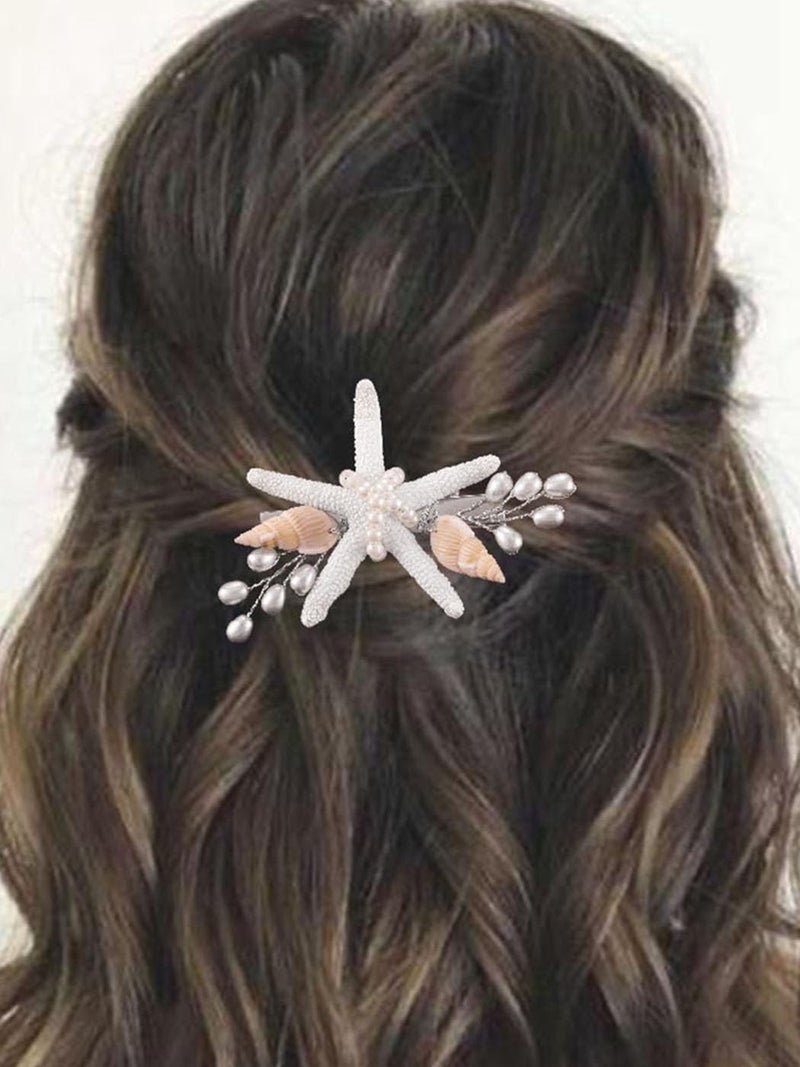 Yean Starfish Wedding Hair Clip Silver Beach Bridal Hair Accessories Pearl SeaShell Hair Piece for Women and Girls