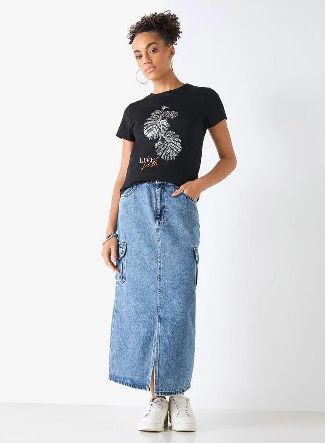 Splash FAV Embellished Crew Neck T-shirt with Short Sleeves