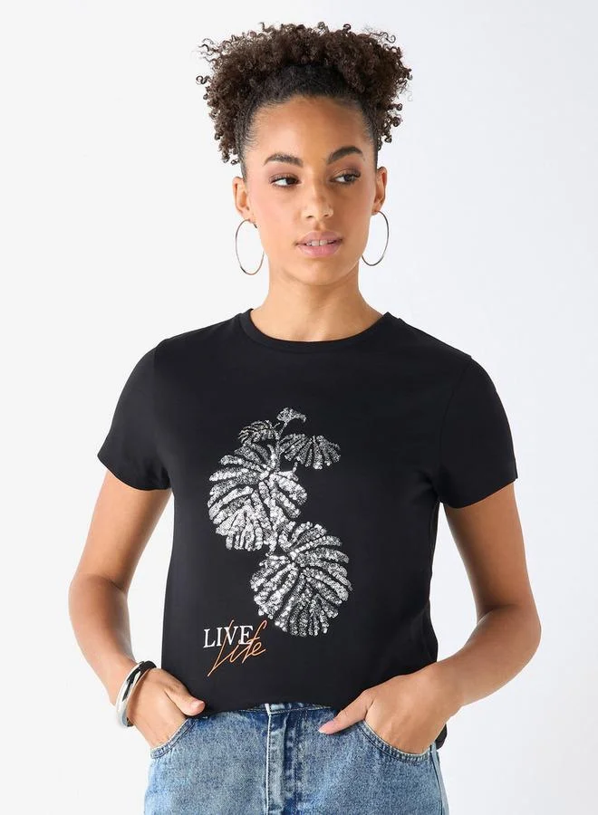 Splash FAV Embellished Crew Neck T-shirt with Short Sleeves