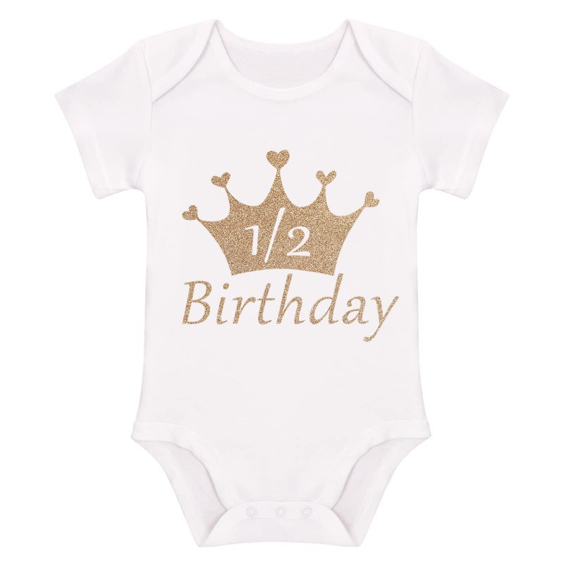 IDOPIP My 1/2 1st Birthday Outfit Baby Girls Shiny Crown Romper + Ruffle Tulle Skirt + Sequins Crown Flower Headband Glitter Party dress 3PCS Photo Cake Smash Clothes Set Gold 1/2 Birthday 3-6 Months - Image 3