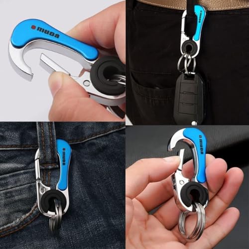 omuda Stylish Hook Locking Silver Metal Carabiner Double Ring Hook Metal Key Chain for Men & Women (Multicolour Blue) - Image 5