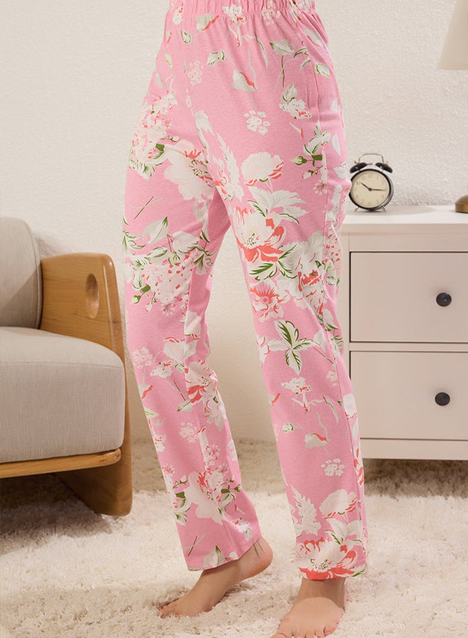 trendyol Pink-Multicolored 100% Cotton Floral Knitted Pajama Set  - Image 3