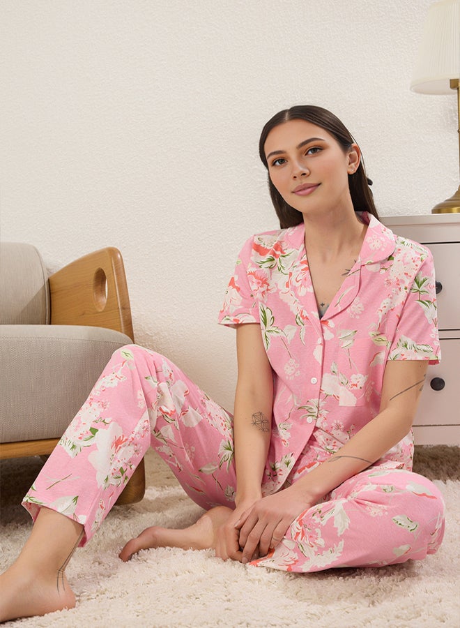 trendyol Pink-Multicolored 100% Cotton Floral Knitted Pajama Set  - Image 1