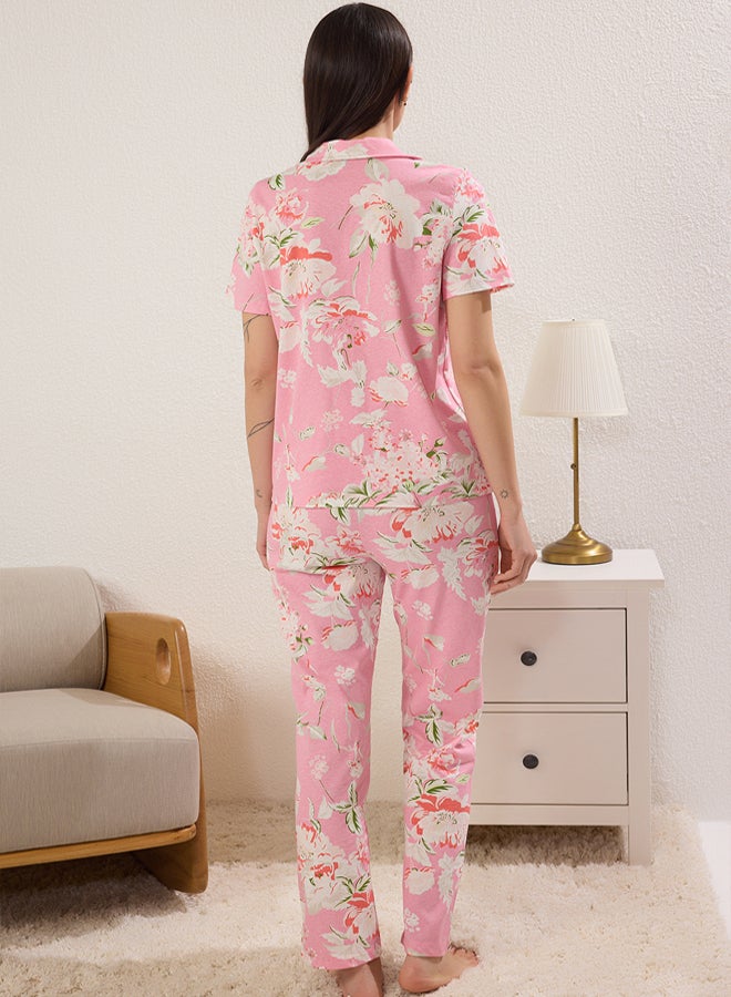 trendyol Pink-Multicolored 100% Cotton Floral Knitted Pajama Set  - Image 4