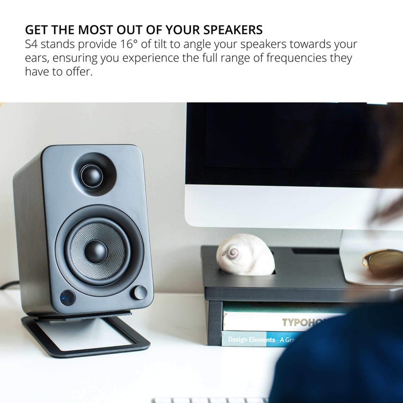 Kanto Kanto S4 Tilted Desktop Speaker Stands for Medium Bookshelf Speakers & Mid-Size 3”-4” Studio Monitors | Supports 8 lbs | Damping Foam Padding | ¼”-20 Mounting | Pair | Black - Image 4