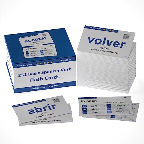 Docdeer 251 Spanish Verbs Learning Flash Cards for Beginners Adults Children Spanish to English Flashcards Medium White - Image 1