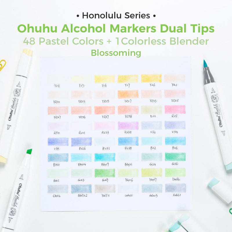 Ohuhu Pastel Alcohol Brush Markers- 48 Pastel Colors of Honolulu Blossoming- Alcohol Based Double Tipped Art Marker Set for Artist Adults Coloring Illustration- Brush & Chisel Dual Tips- Refillable - Image 5