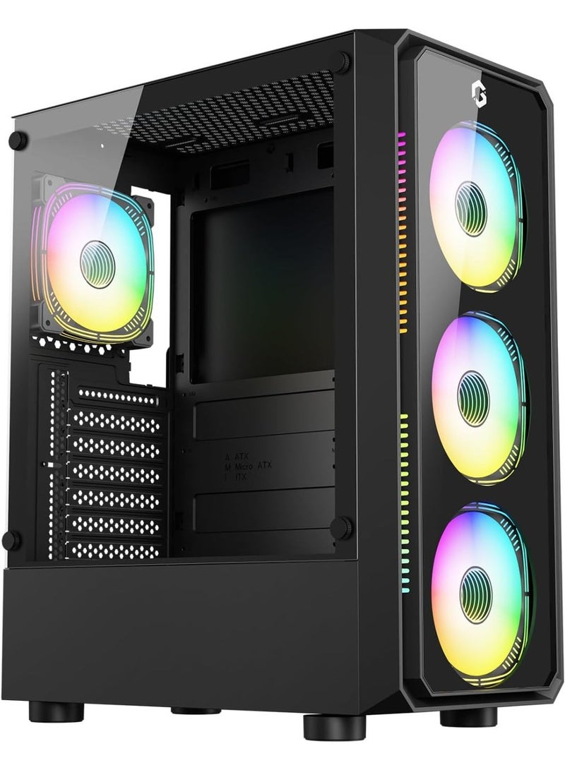 GAMEON GO-TRIDENTV-X ATX Mid Tower PC Case with 4x 120mm ARGB Fans Pre-Installed, Tempered Glass Side Panel, 240mm Liquid Cooling Support, 330mm GPU Clearance, USB 3.0, black - Image 1