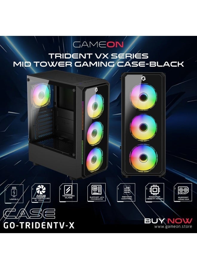 GAMEON GO-TRIDENTV-X ATX Mid Tower PC Case with 4x 120mm ARGB Fans Pre-Installed, Tempered Glass Side Panel, 240mm Liquid Cooling Support, 330mm GPU Clearance, USB 3.0, black - Image 5