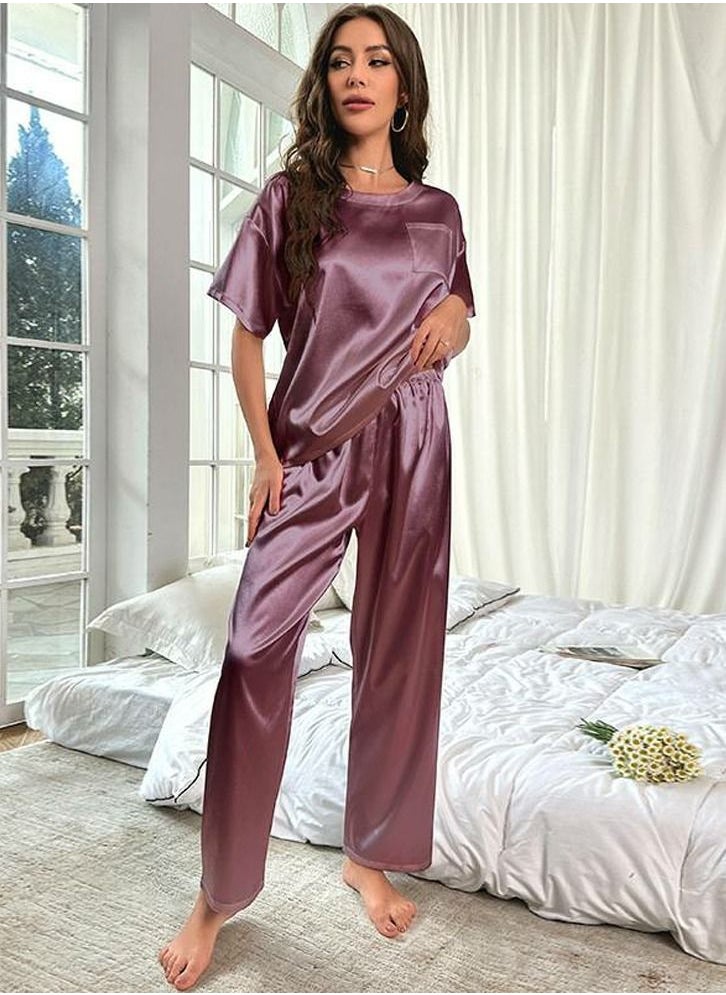 Loquat - Women's Solid Color 2-Piece Set Nightgown Sleepwear Short Sleeve Top And Pants Soft Loungewear Pajamas  Suit Dark Purple - Image 1
