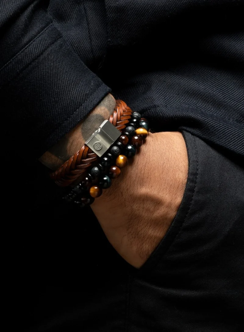 Rebel & Rose Men's Who's Afraid of the Tiger Vintage Beaded Bracelet, 8 mm Tiger Eye Stones