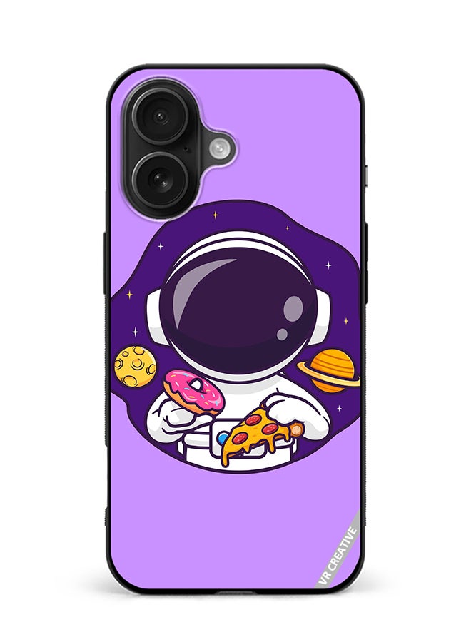 VR CREATIVE Protective Case Cover For Apple iPhone 16 Cute Astronaut Eating Donut And Pizza Design Multicolour