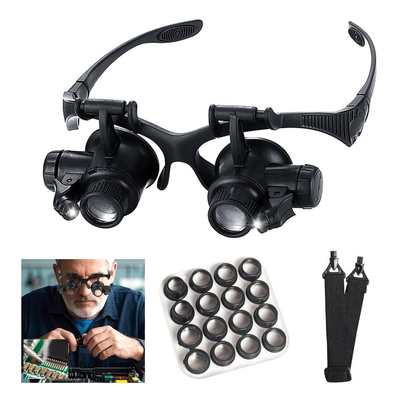 mlogiroa Head Mount Magnifying Glass with LED Light, Jewelers Loupe Magnifier with 8 Interchangeable Lens 2.5X/4X/6X/8X/10X/15X/ 20X/25X for Close Work/Electronics/Eyelash/Crafts/Jewelry/Repair - Image 1