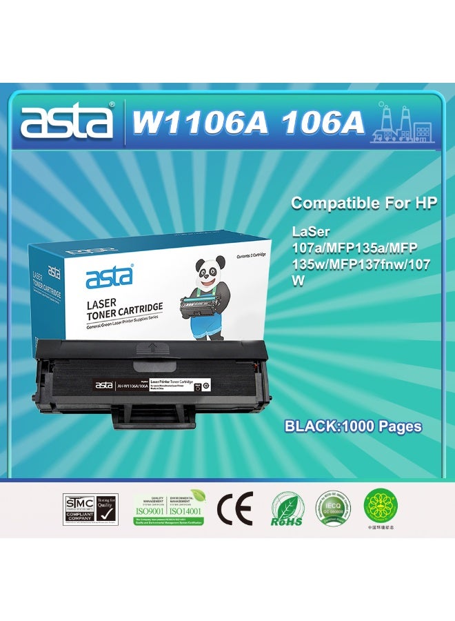 استا خرطوشة حبر أسود ASTA W1106A 106A، لوازم عالية الجودة متوافقة مع طابعات HP LaserJet 107a MFP 135a MFP 135w MFP 137fnw 107W، بديل للطابعات المكتبية، طباعة سلسة، إنتاج يدوم طويلاً، رائعة للاستخدام في المكتب المنزلي. - Image 1