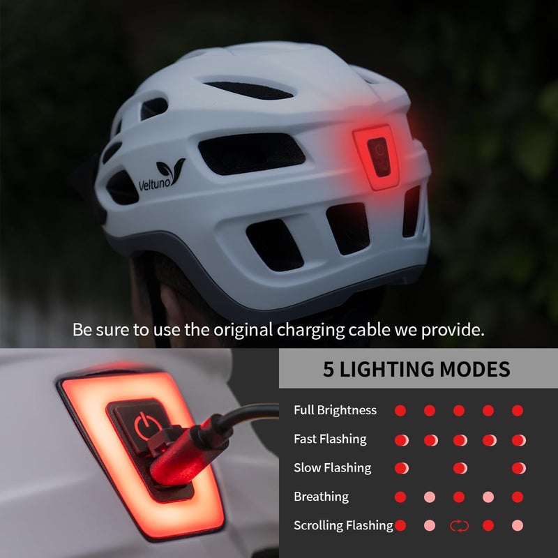 Veltuno Bike Helmet for Adults, Lightweight Mountain Bicycle Helmet with USB Rechargeable LED Rear Light, Removable Sun Visor for Women, Men, Suitable for Cycling and Commuting (White, Large) - Image 5