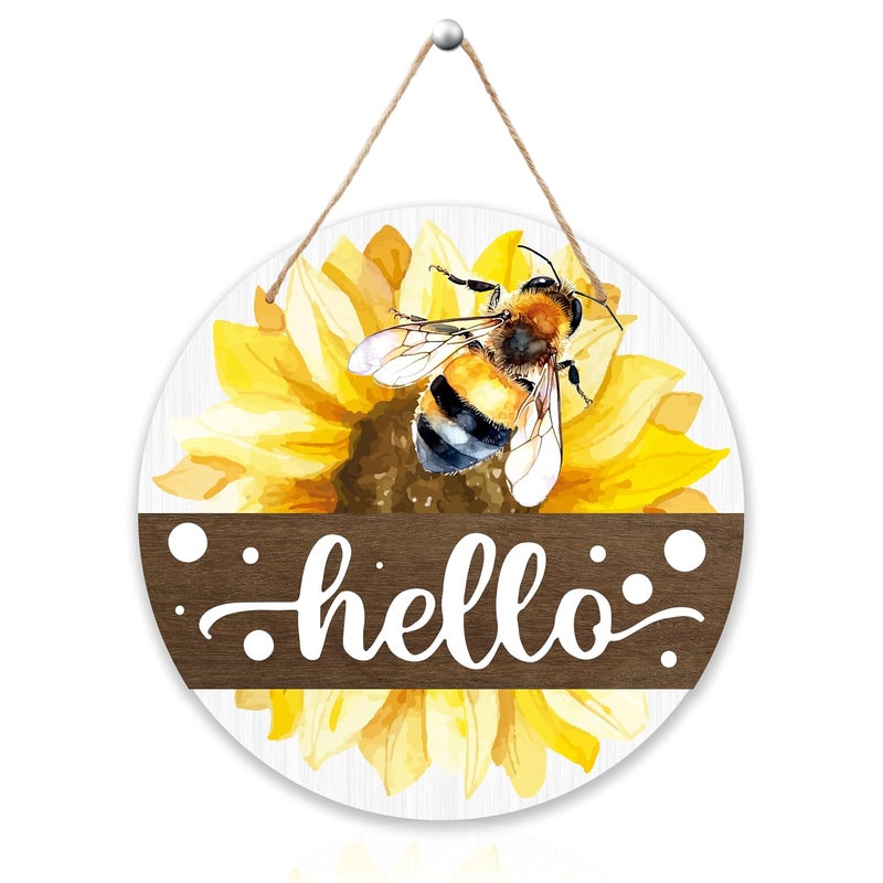 Al Raied ARS® Hello Bee Decor - Welcome Hanging Sign for Front Door with Sunflower Design - Image 1