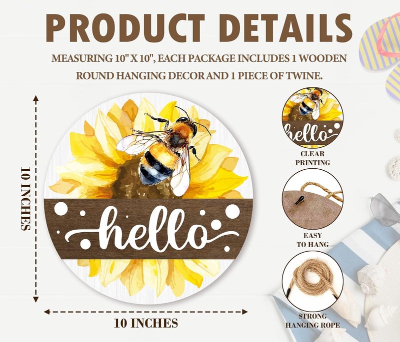 Al Raied ARS® Hello Bee Decor - Welcome Hanging Sign for Front Door with Sunflower Design - Image 2