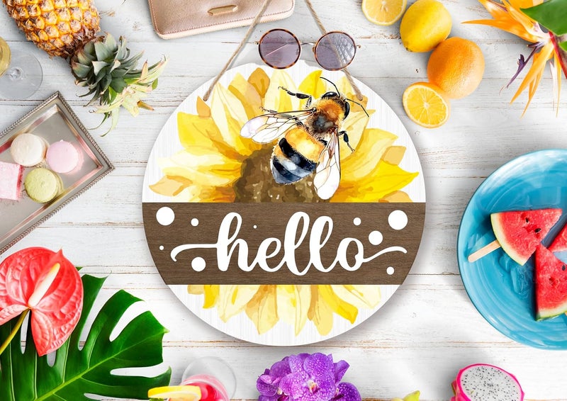 Al Raied ARS® Hello Bee Decor - Welcome Hanging Sign for Front Door with Sunflower Design - Image 3