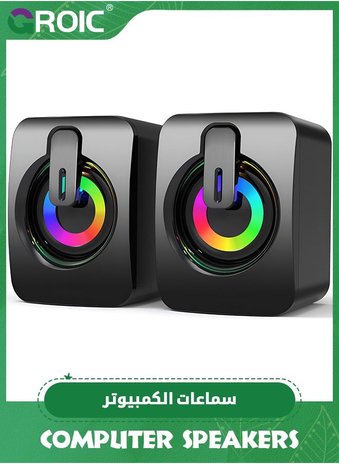 GROIC RGB Computer Speakers, 2.0 Wired Desktop Speaker, USB Powered, 3.5 mm AUX-in, Volume Control, LED Light Mini Gaming Speaker for PC, Laptop, Tablets, Cellphone, MP3  - Image 1