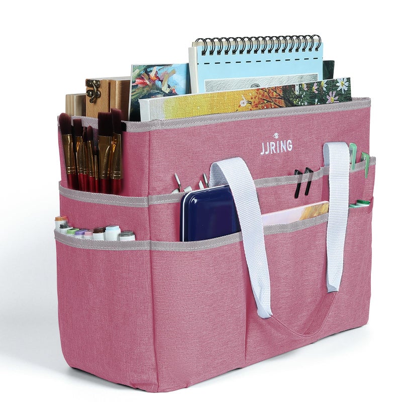 JJRING Craft Organizer Tote Bag Large Art Storage Caddy with Multiple Pockets Pink Sewing Bag for Art Craft Scrapbooking Medical and Office Supplies Storage - Image 2