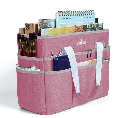 JJRING Craft Organizer Tote Bag Large Art Storage Caddy with Multiple Pockets Pink Sewing Bag for Art Craft Scrapbooking Medical and Office Supplies Storage - Image 1