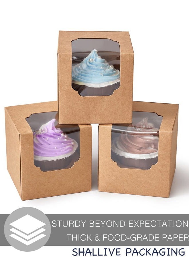 Shallive 100 Pcs Kraft Brown Cupcake Boxes with Insert and Window, Pop-up, Rustic, Auto-Folding, 4 Litre, 3.4”× 3.4”× 3.4” - Image 3