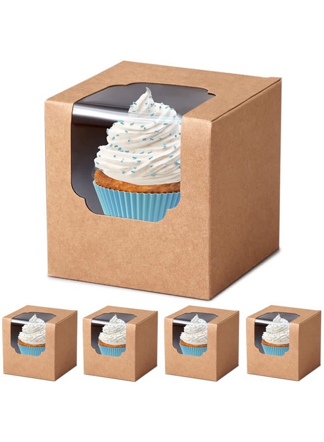 Shallive 100 Pcs Kraft Brown Cupcake Boxes with Insert and Window, Pop-up, Rustic, Auto-Folding, 4 Litre, 3.4”× 3.4”× 3.4” - Image 1