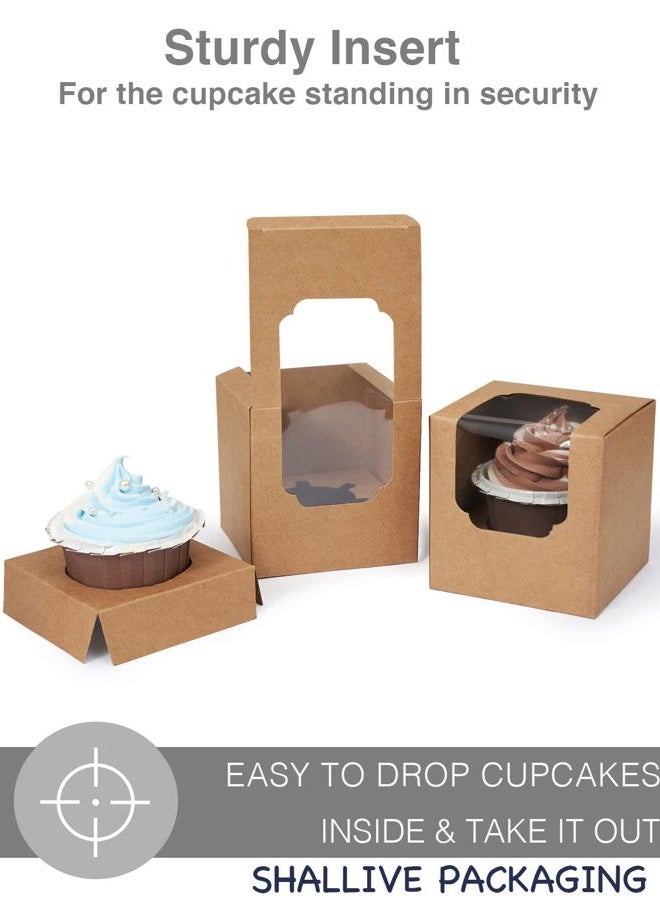 Shallive 100 Pcs Kraft Brown Cupcake Boxes with Insert and Window, Pop-up, Rustic, Auto-Folding, 4 Litre, 3.4”× 3.4”× 3.4” - Image 5
