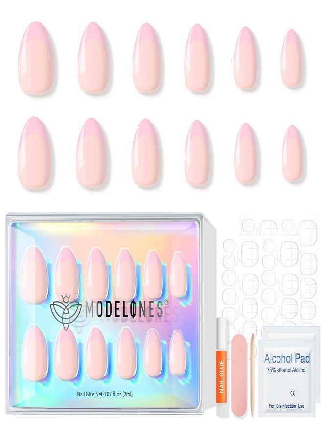 modelones Modelones Pink French Tip Press On Nails Almond, Almond Short False Nails, Spring And Easter Nail Kit With Glue For Nails, Adhesive Tabs, Mini Nail File, Nails Press Ons 32 - Image 4