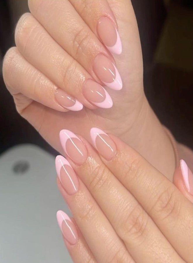 modelones Modelones Pink French Tip Press On Nails Almond, Almond Short False Nails, Spring And Easter Nail Kit With Glue For Nails, Adhesive Tabs, Mini Nail File, Nails Press Ons 32 - Image 1