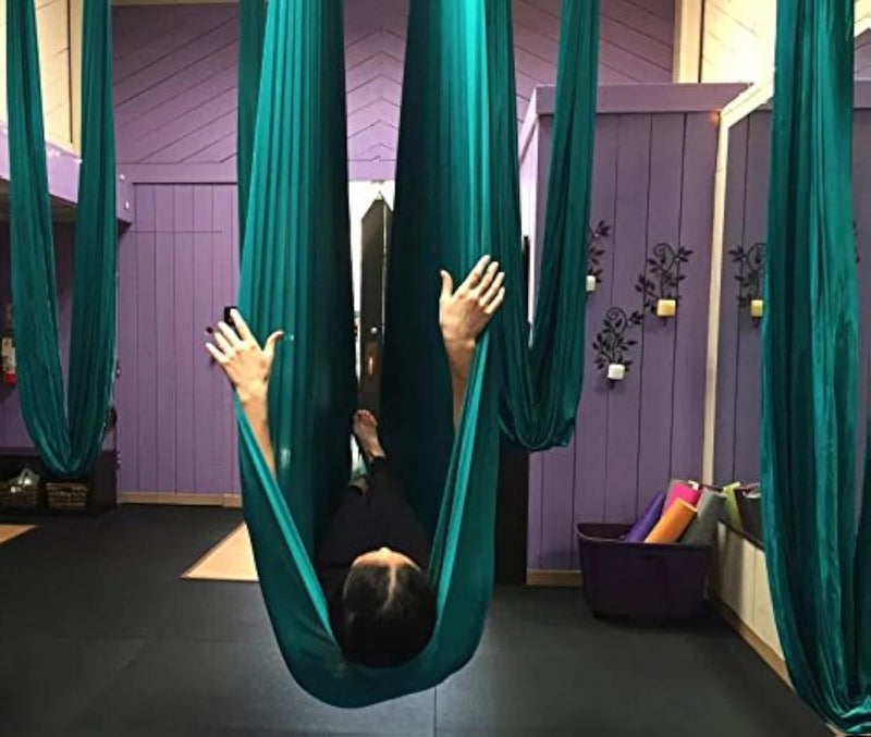 FLife Aerial Yoga Hammock 55 yards non Stretch Aerial Silk Fabric Swing for Antigravity Yoga Inversion Include Daisy ChainCarabiner and Pose GuideDark Green