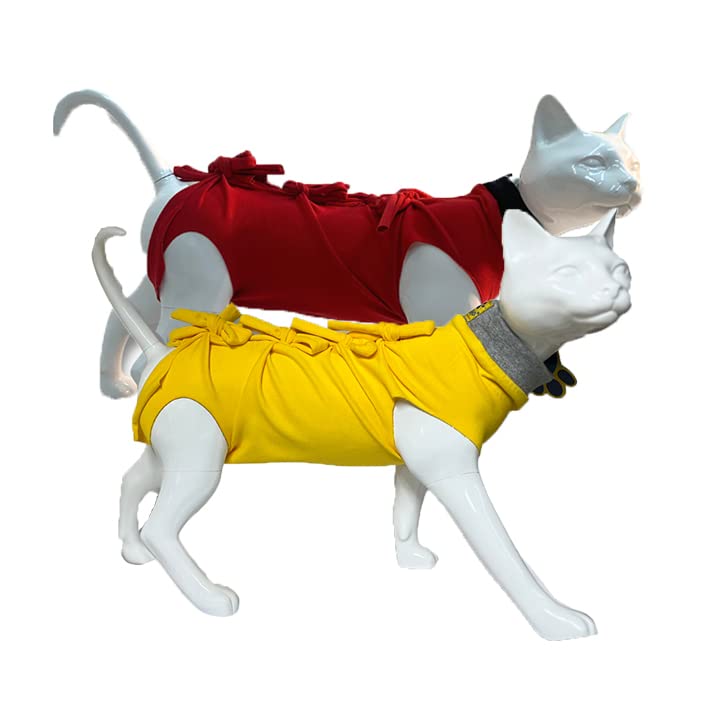A+a Pets ' Cat Everyday Clothing, for Post Surgery Recovery, Abdominal Wounds or Skin Diseases | Breathable Cotton (Red & Yellow, M) - Image 1