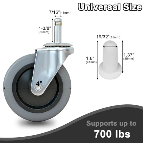 AAGUT 4 Inches Stem Caster Wheels,7/16-Inch Stem Diameter Swivel Rubber Casters,Heavy Duty TPR Replacement Wheels for Rubbermaid Mop Bucket Utility Cart Shop Vac Weber Grills - 4 Pack - Image 2