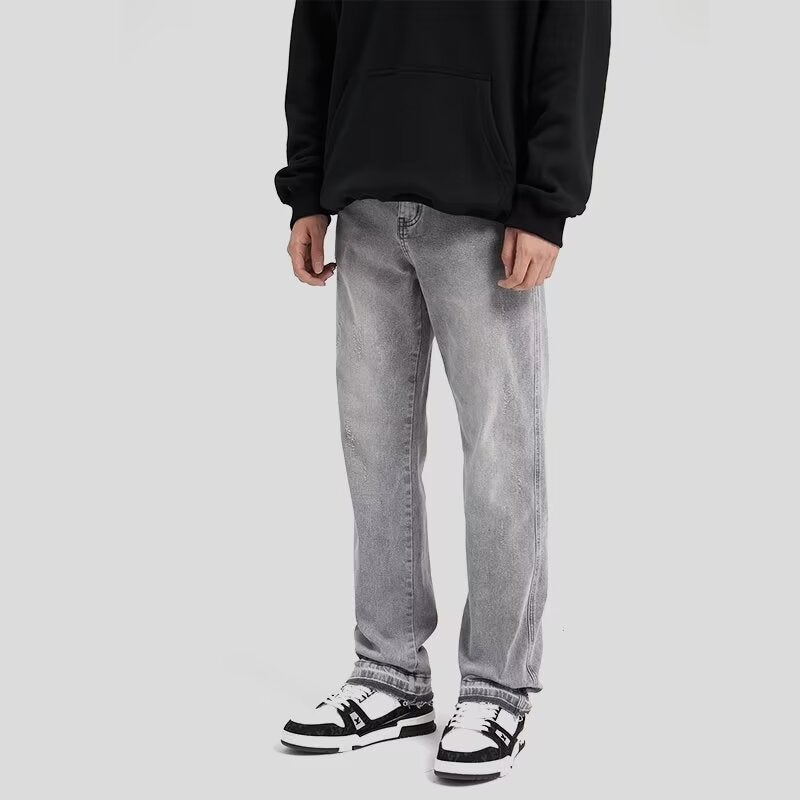 American Style Washed Light Gray Washed Dressed Jeans Summer Unisex Straight Leg Basic Straight Pants - Image 3