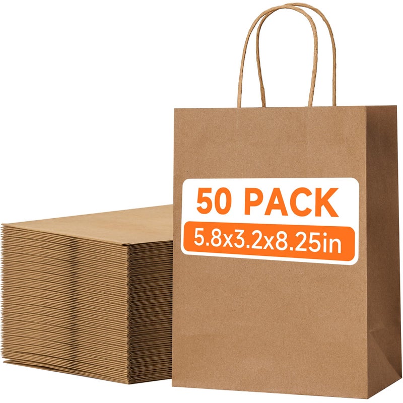 50 Pack Small Brown Paper Gift Bags with Handles 58x32x825 Kraft Paper Gift Bags for Retail Birthday Parties Shopping Versatile Craft Bags Goodie Sacks