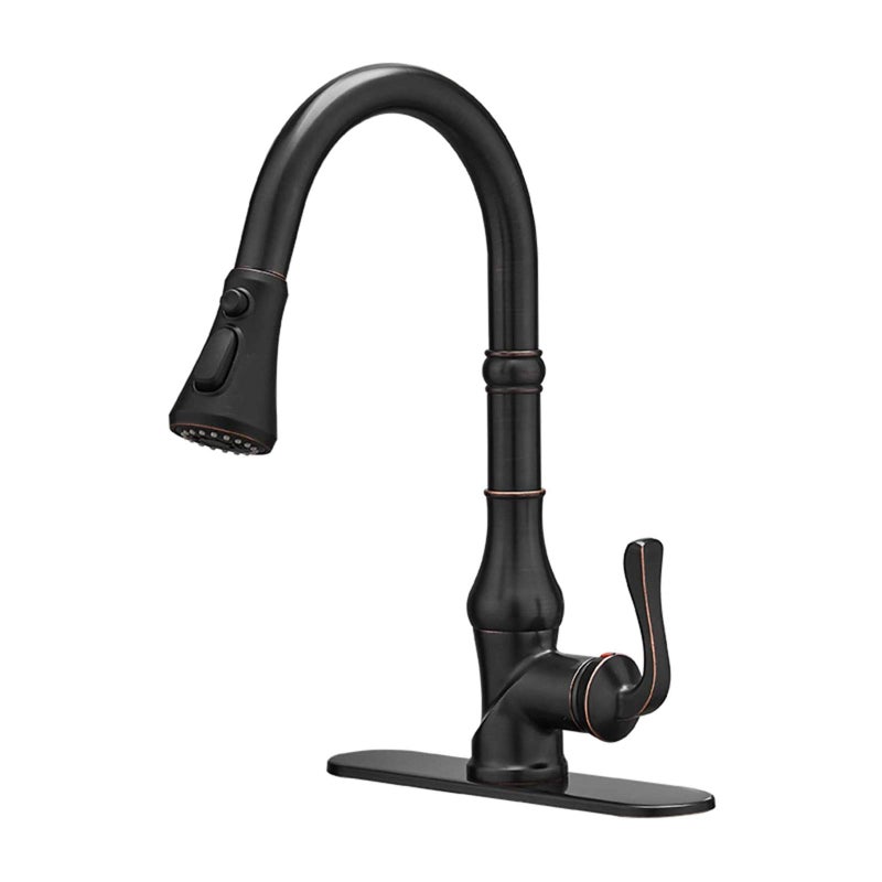 BWE Kitchen Faucet with Pull Out Sprayer 3 Spray Modes Single Handle Singe Lever High Arc Kitchen Sink Faucet with Deck Plate Oil Rubbed Bronze Farmhouse Commercial Bar Kitchen Faucets