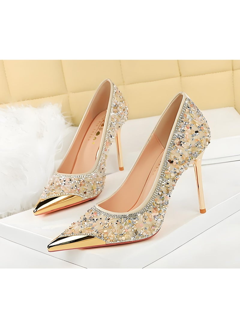 بيج تري المرأة مغلقة مربع إصبع القدم الكعب العالي الراينست السكينز ستيليتو مضخات البريكوت 9.5CM - Image 1