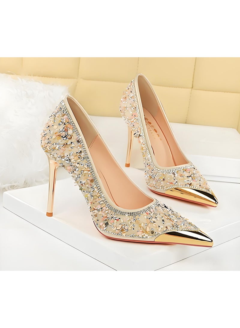 بيج تري المرأة مغلقة مربع إصبع القدم الكعب العالي الراينست السكينز ستيليتو مضخات البريكوت 9.5CM - Image 2