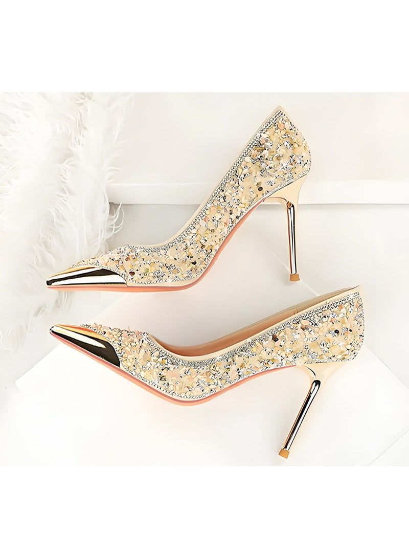 بيج تري المرأة مغلقة مربع إصبع القدم الكعب العالي الراينست السكينز ستيليتو مضخات البريكوت 9.5CM - Image 3